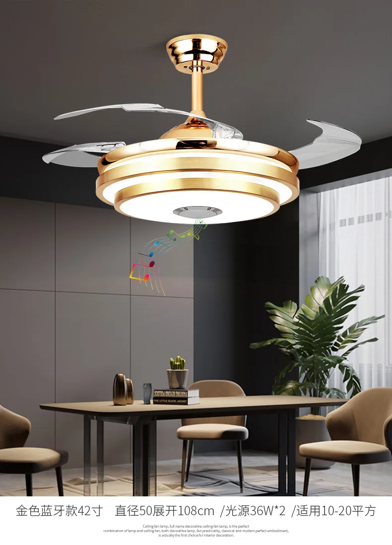 Retractable Ceiling Fan With Light And Speaker  Changing Color Led Fan Chandelier With Remote 36w (42 Inch)