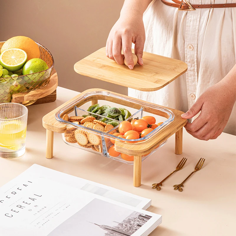 Kitchen & Housewares Interlayer  Snacks Fruits Bowls Bamboo Lid Airtight Glass Boxes Food Borosilicate Glass Storage Containers