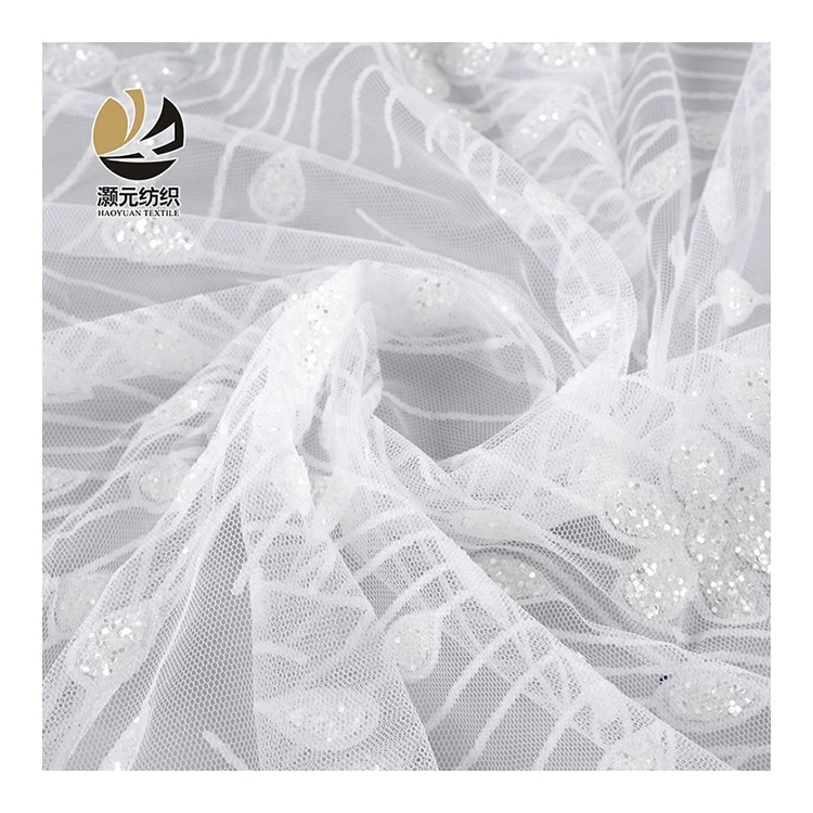 100% polyester fancy design silver glitter wedding white sequin tulle mesh fabric