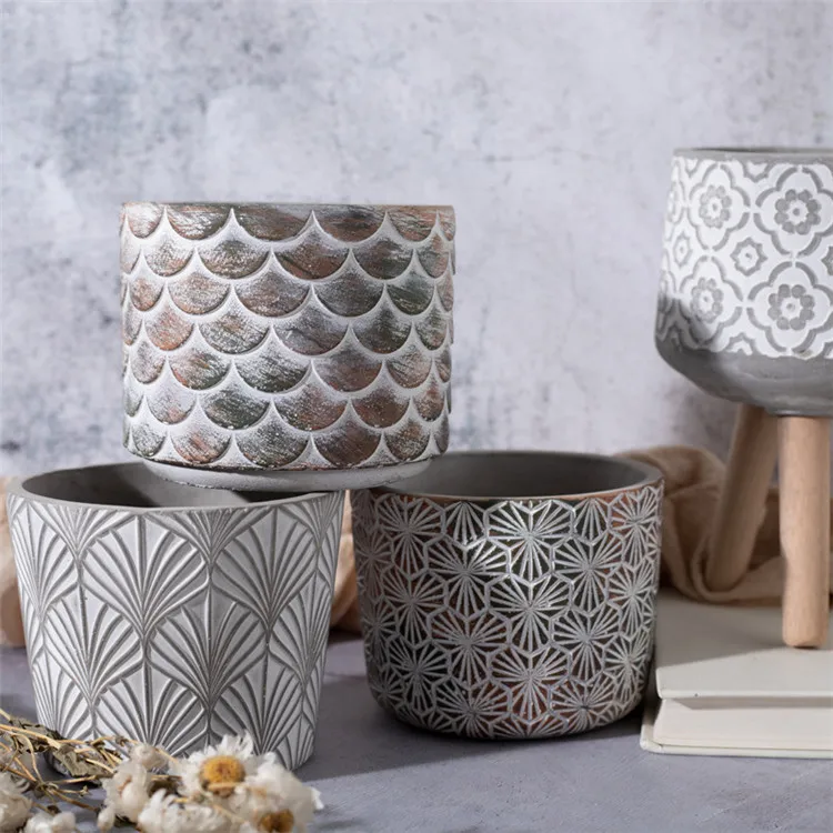 Manufacturer wholesale hand carved embossed interior decorative round cement plant pots designer succulent planter flower pot