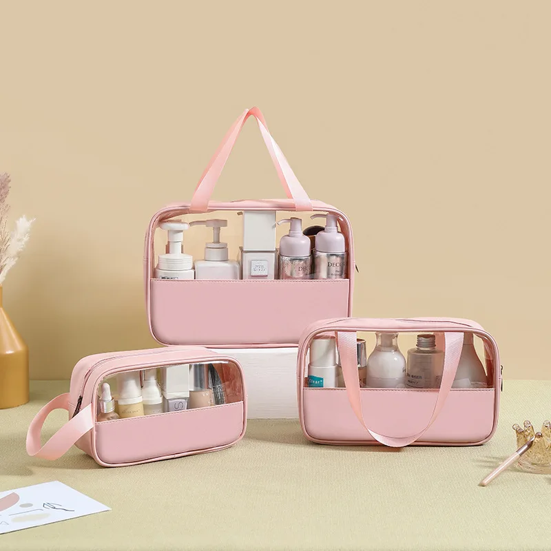 Customized New Transparent Makeup Wash Bag Portable Pu Bath Waterproof Large-capacity Pvc Stitching Cosmetic