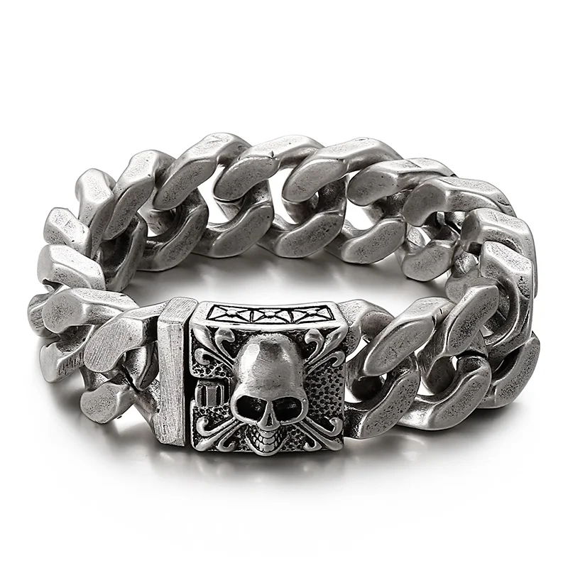 Omineering Personality Biker Gothic Skull Male Titanium Steel Bracelet Large Stainless Steel Curb Chain Bracelet