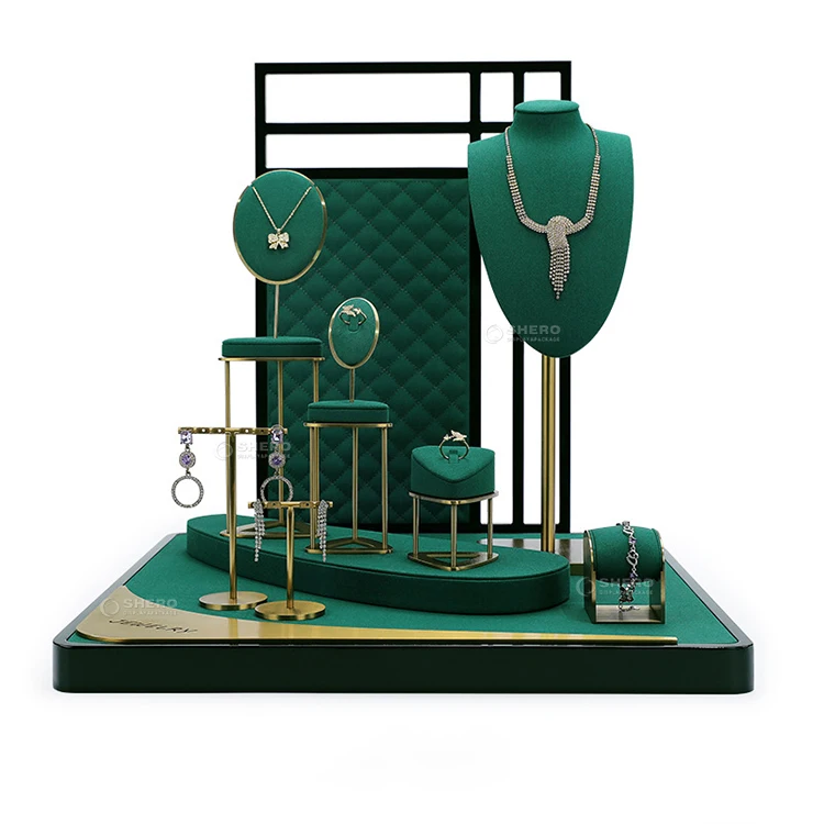 Luxury metal microfiber suede DIY necklace earrings jewelry stand display set for Jewelry showcase shop design display props