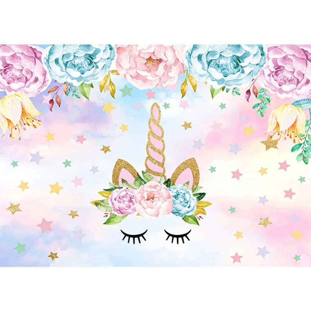 5x3ft Vinyl Unicorn Theme Party Background Gold Flower Stars Sky Photography Backdrop for Children Newborn Birthday Dessert