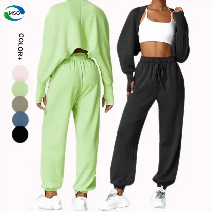 Women Sport Fitness Knit Coat cardigan Long Sleeve Crop Tops with thumb hole Cotton Sweatpants Gym Workout Pocket Jogger set