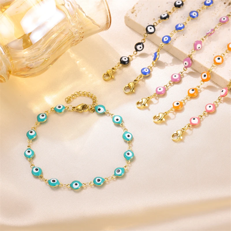 Wholesale Evil Eyes Women Red Blue Evil Eyes Charm Jewelry Stainless Steel 18k Gold Plated Turkish Evil Eyes Bracelet