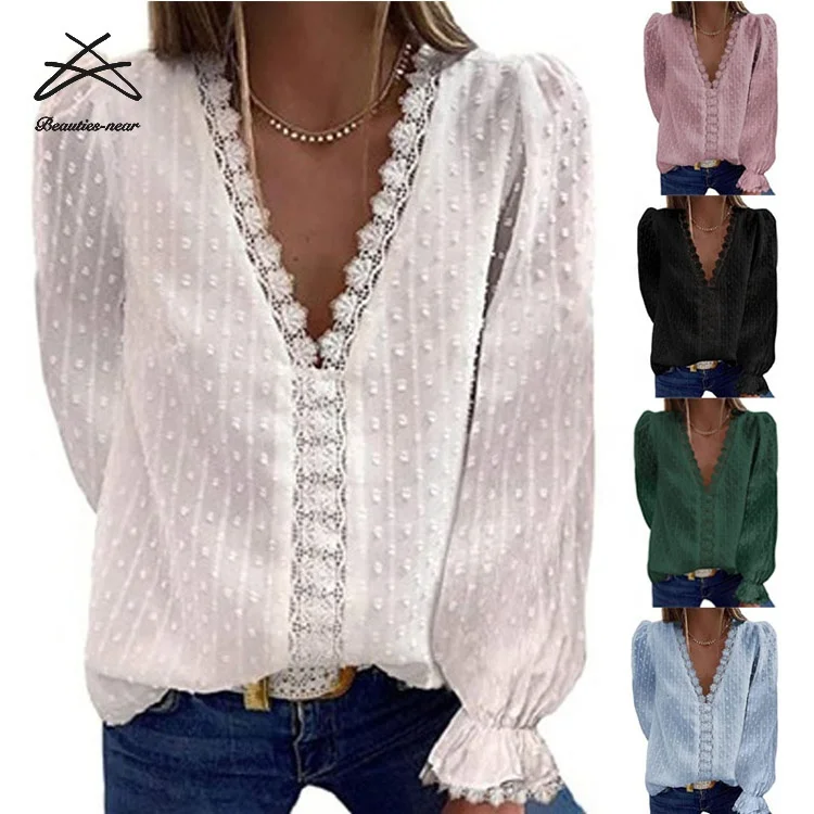 WT011 hot sale Fashion Clothing Women Top v-neck long puff sleeve chiffon blouse tops for women ladies