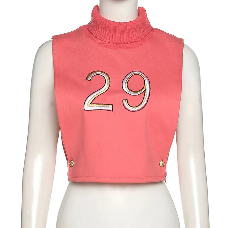 K21L09654 dropship Solid Color letter ladies top number 5 Sleeveless T-Shirt Turtleneck Tube Top Hollow Out Women knit crop top
