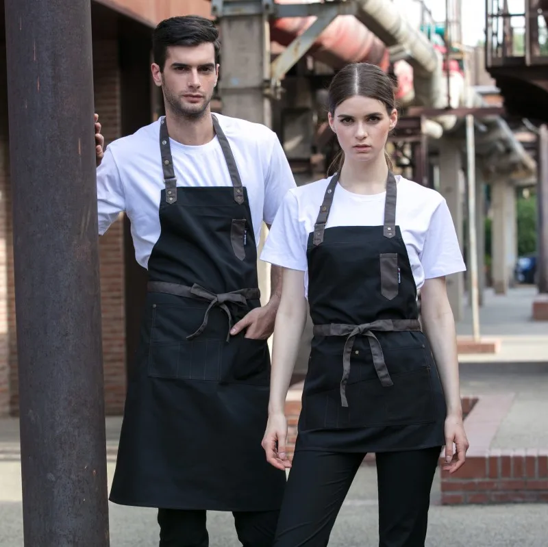 Stock Fashion 100% COTTON Multi Pockets Overall Unisex Kitchen Apron with Logo for Restaurants Cafe Bar Home Cooking