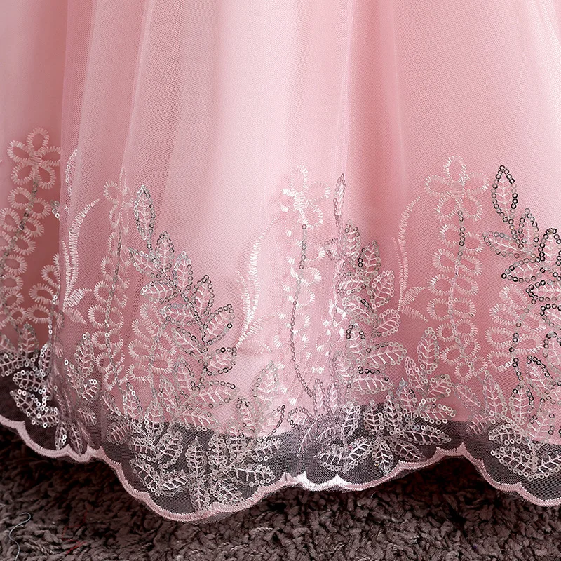 New Wedding Flower Girls Dress for Kids Lace Embroidered Bow Princess Dress Children Birthday Party Ball Gown