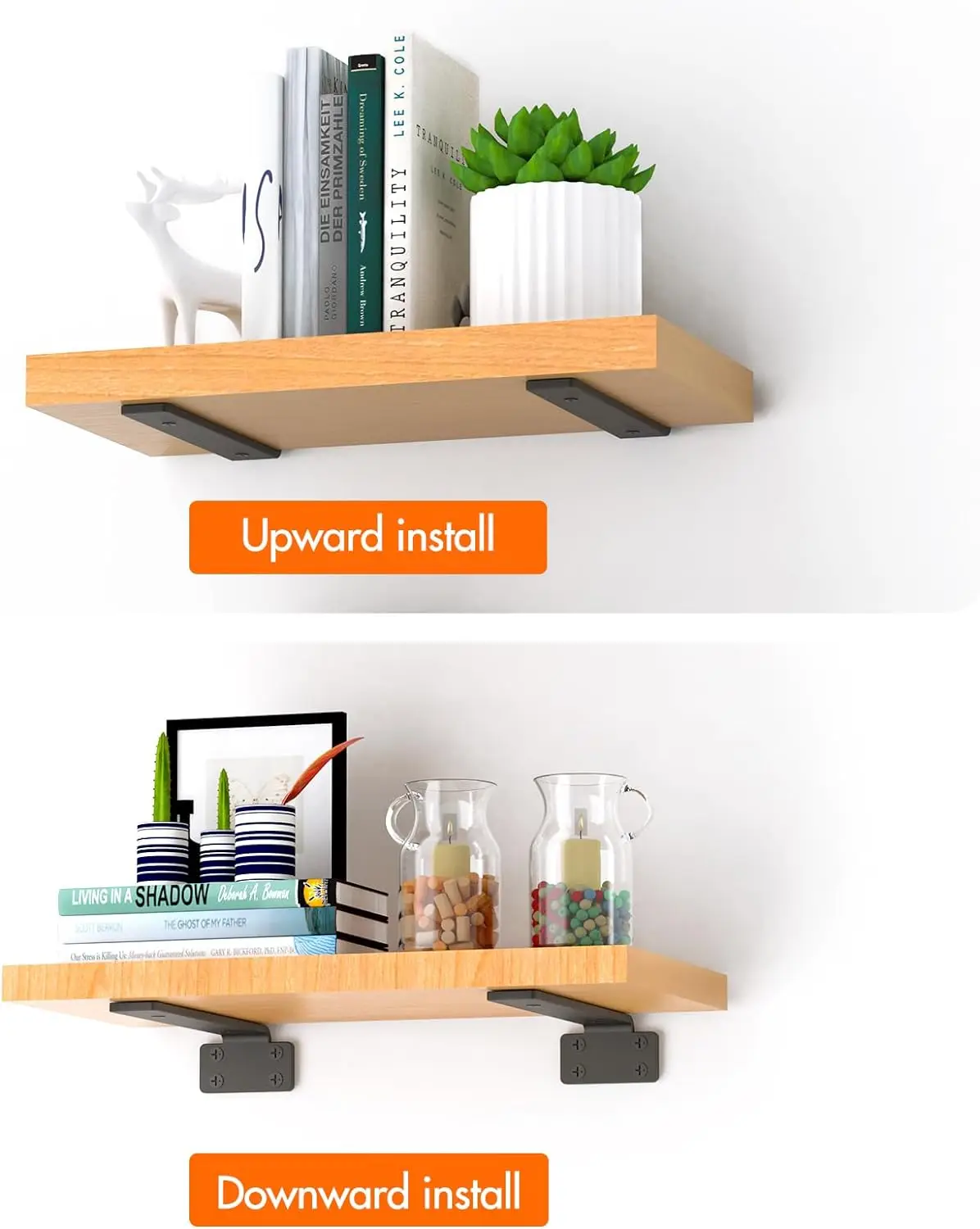 10 Inch Black Floating Shelf Bracket Heavy Duty Metal Wall Shelf Brackets with 1/5 Inch Thick and Holds 160+lb for Wood Shelves