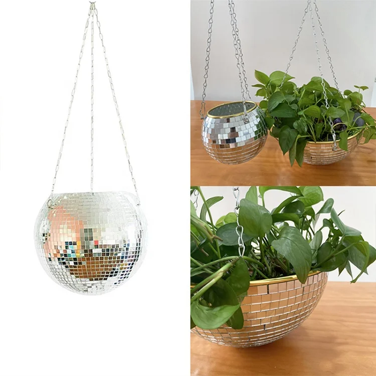 Hot Sale Disco Mirror Ball Plant Round Hanging Planter Flower Pot  with Metal Macrame Rope Hanging Drainage Hole for Home Decor