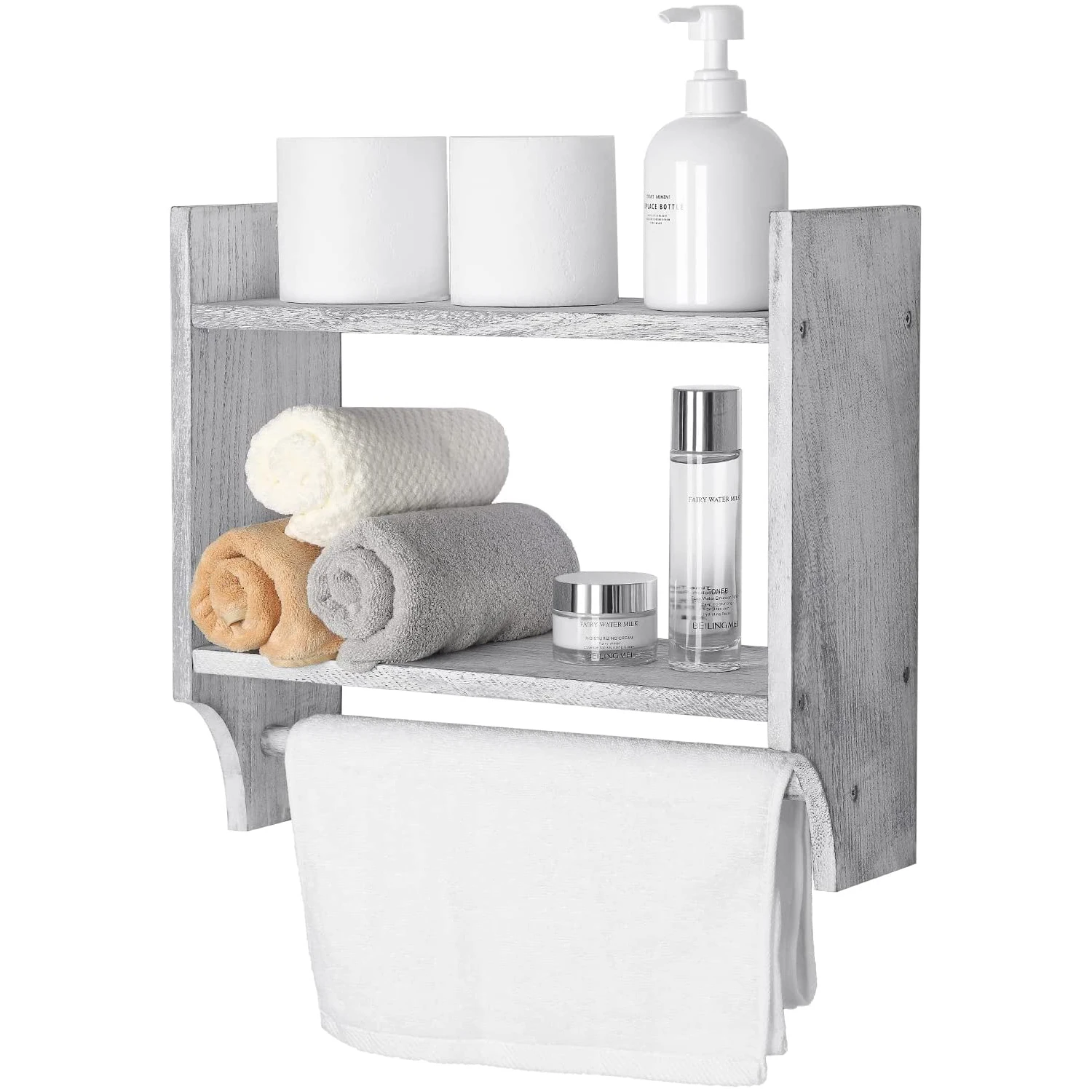 wall mounted shelf with towel bar, wooden towel rack with storage rack, rustic 2 tier bathroom hanging torch shelf