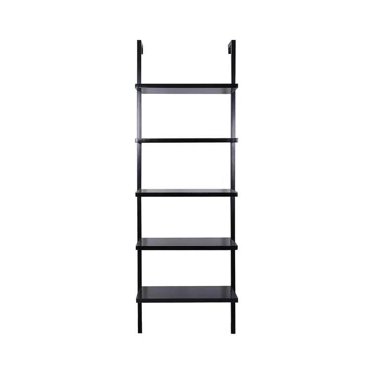 Hot selling modern 5-Shelf Oak Wood Modern Bookcase Open Wall Mount Ladder Bookshelf with Industrial Black Metal Frame