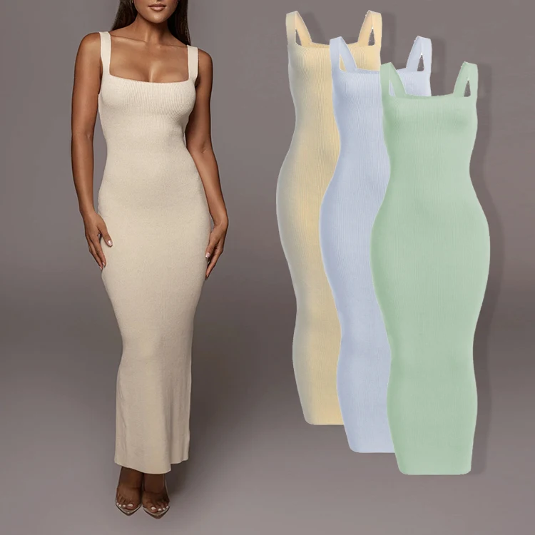 HL factory manufacturer high quality solid color 100% cotton sweater dresses wholesale custom elegent women maxi dress