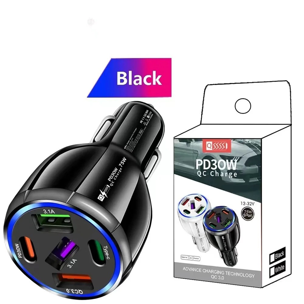 factory price 75W QC3.0 3USB+2 PD total 5 ports USB type c car charger mobile phone car charger For Iphone