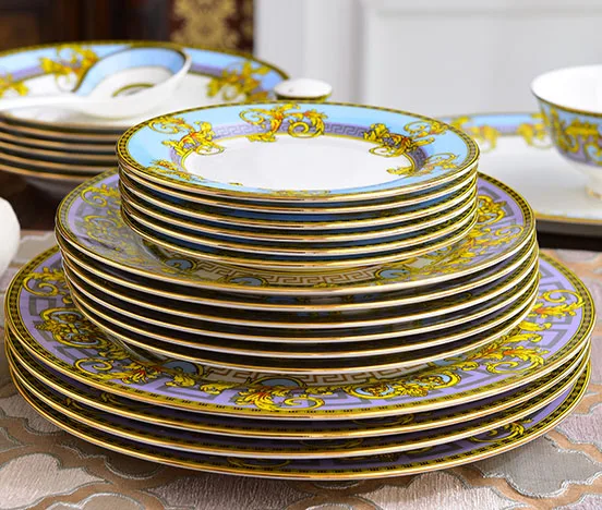 Home Luxury 58pcs Dinner Set Ceramic Flatware Custom Royal Wedding Plates Fine Bone China Tableware Set