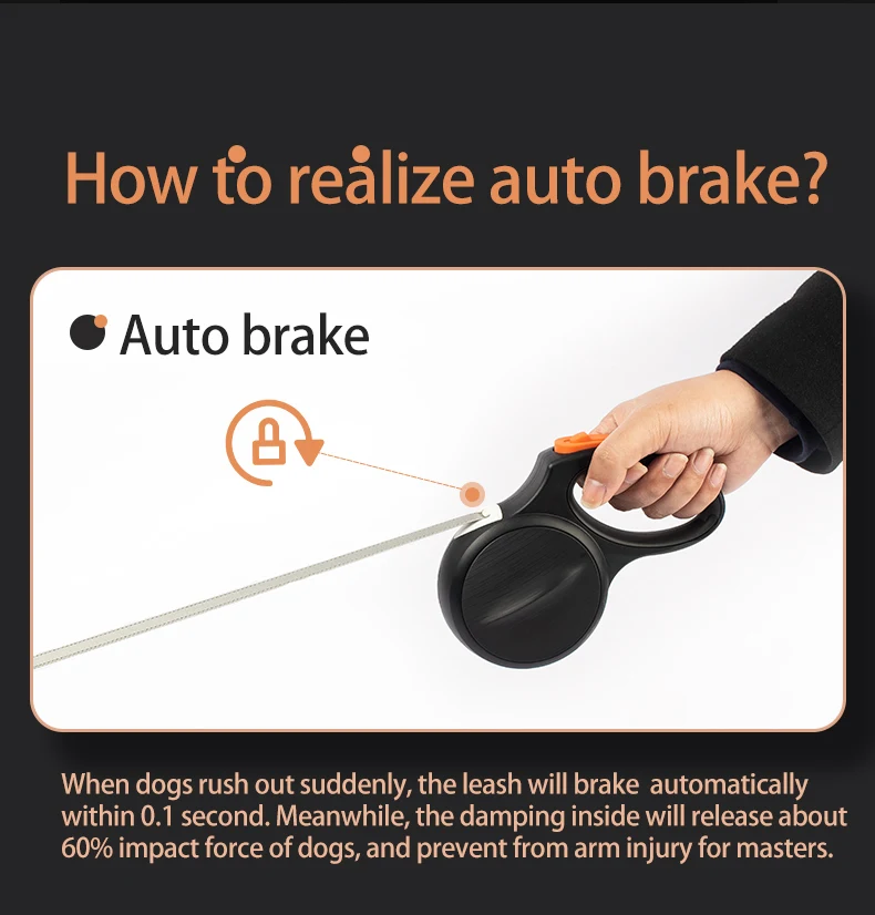 2023 New Patented AUTO BRAKE 5 Meter 30kg Reflective Belt Cerramic Entrance Dog Retractable Leash For Large Breed Dogs