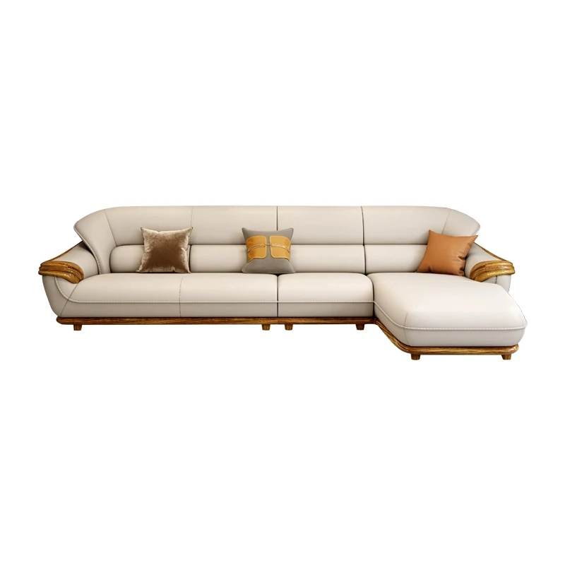 European Style Luxury Ebony Leather and Solid Wood Corner Sofa for Living Room Office Combination Wooden Couch Sofa