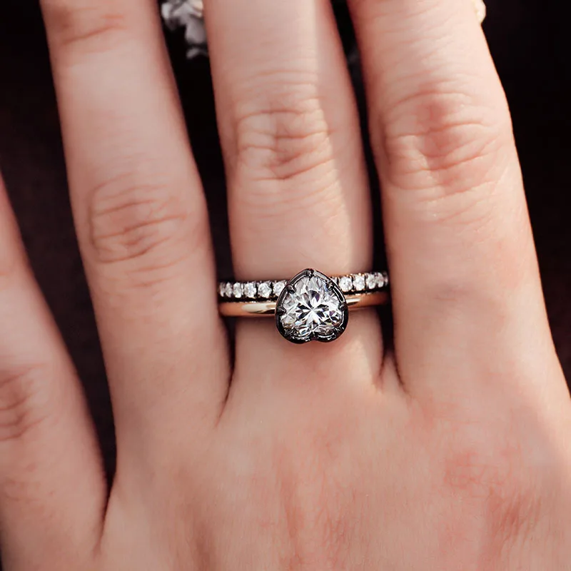 Solid 10K real gold black rhodium ring moissanite heart with GRA certification jewelry setting from Provence Jane