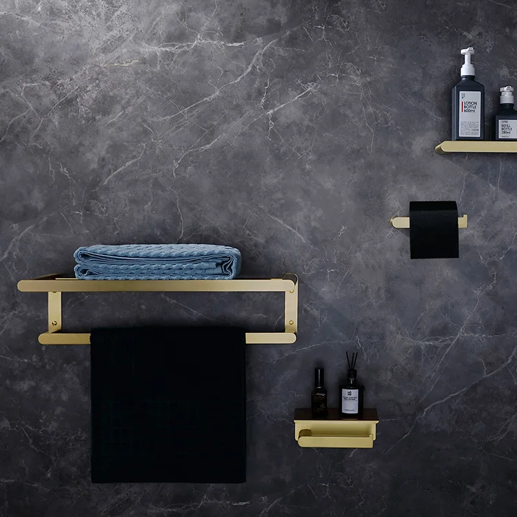 Brushed Gold SUS 304 Wall-mounted Shelf Stainless Steel Towel Holder Racks Bathroom Accessories Sets For Hotel Toilet Complete