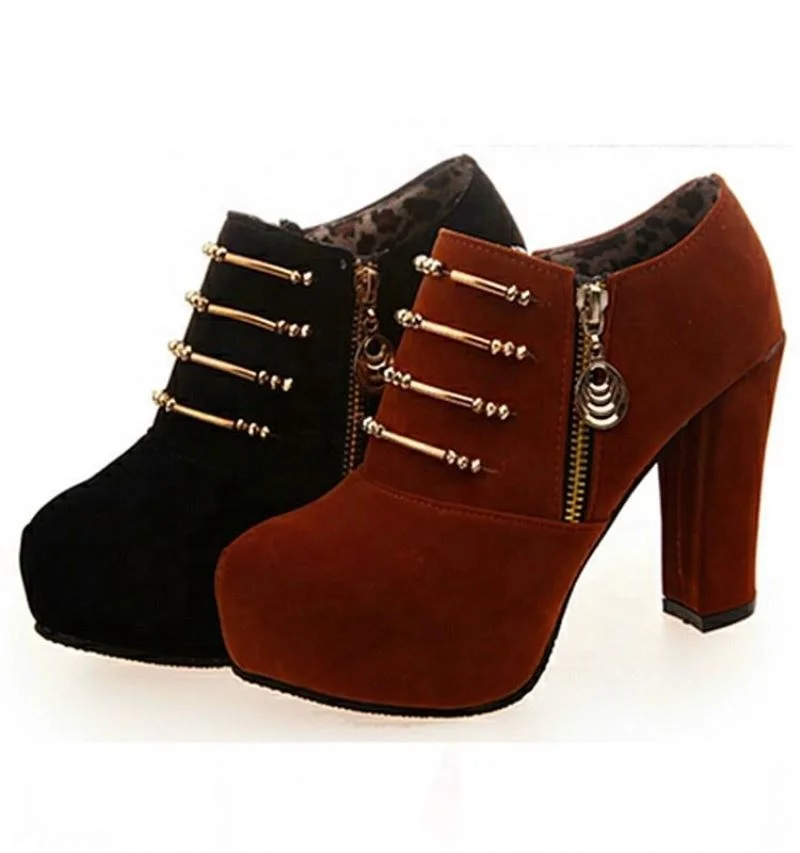 Factory Wholesale Thick Heel Pumps Metallic Chain Decor Platform Side Zipper Shoes Women Dress Shoes Sexy High Heel Shoes