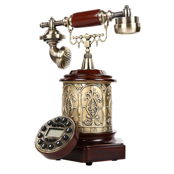 Corded old style wooden craft telephone set for living room