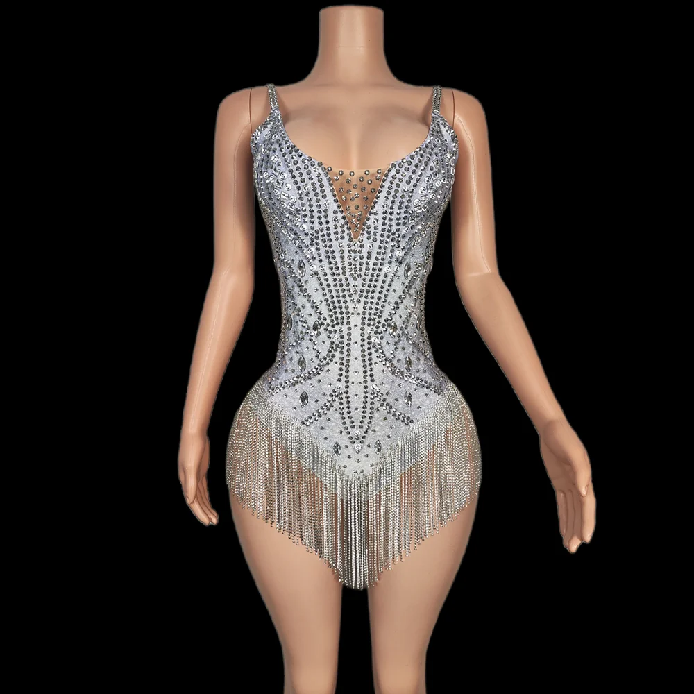 Sexy Silver Rhinestone Chains Tassel One Piece Jumpsuit Women Pole Dance Leotard Show Festival Outfit Stage Performance Bodysuit