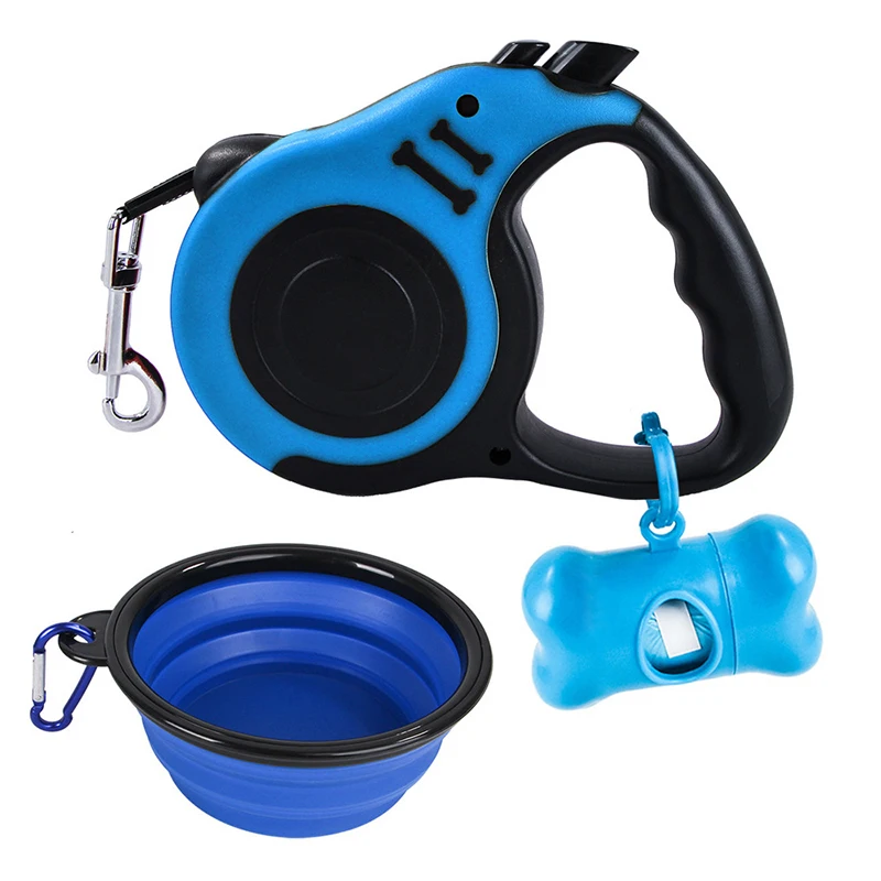 
3 piece Wholesale Retractable Hands Free Plastic Nylon Training Walking outdoor poop bags bowl Pet Dog Leash with Water Bottle 