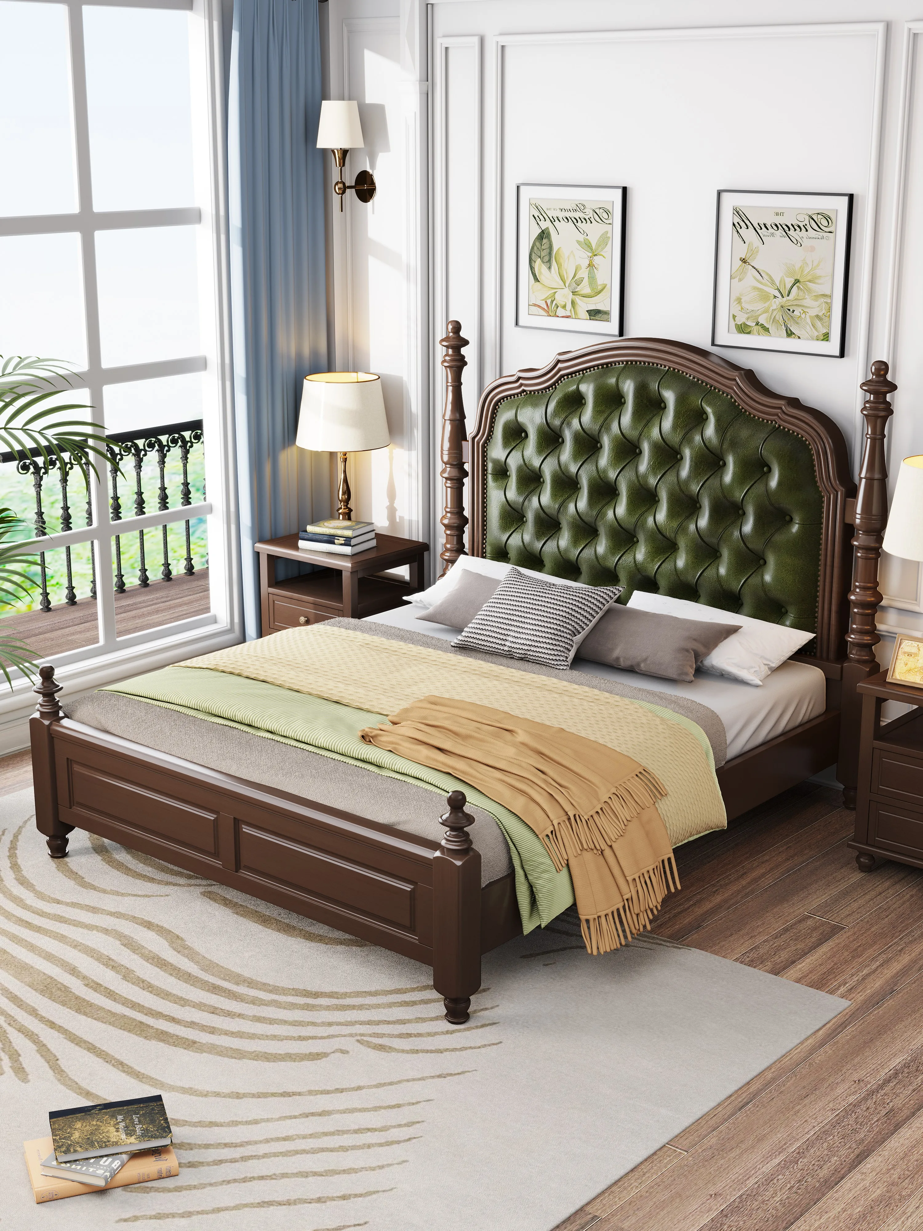 Bedroom American Countryside Solid Wood Bed Storage Leather Upholstered Beds Retro Style Double Bed with Nighstand
