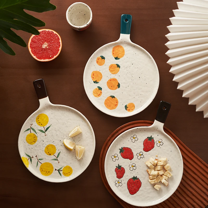 Nordic Retro Style Fruit Pattern Ceramic Pizza Pan Dessert Creative With Handle Western Cuisine Plate 3294