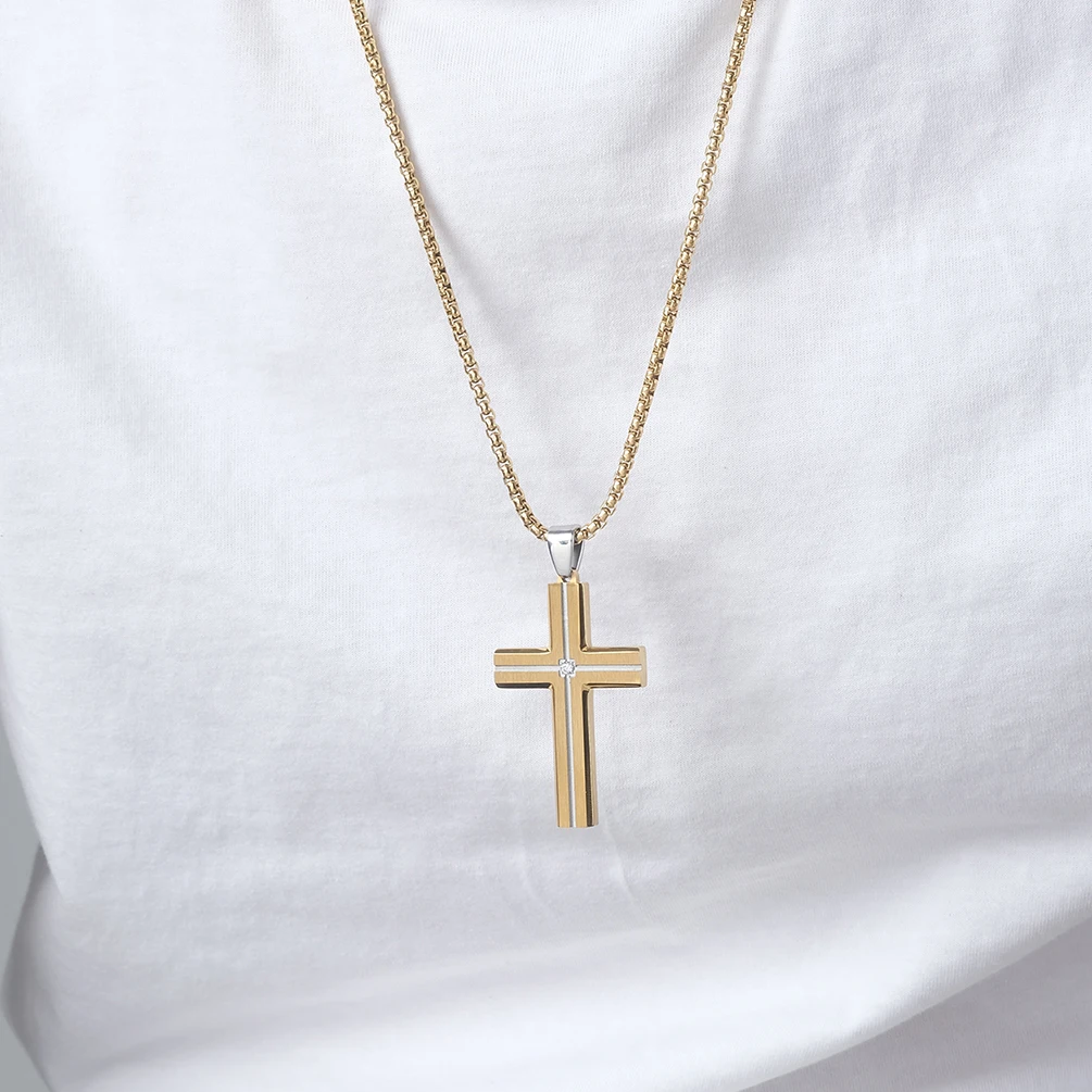 High Quality Black Brushed Cross Pendant Silver Grooved Cross With Stone Centre Stainless Steel Pendant For Men Necklace