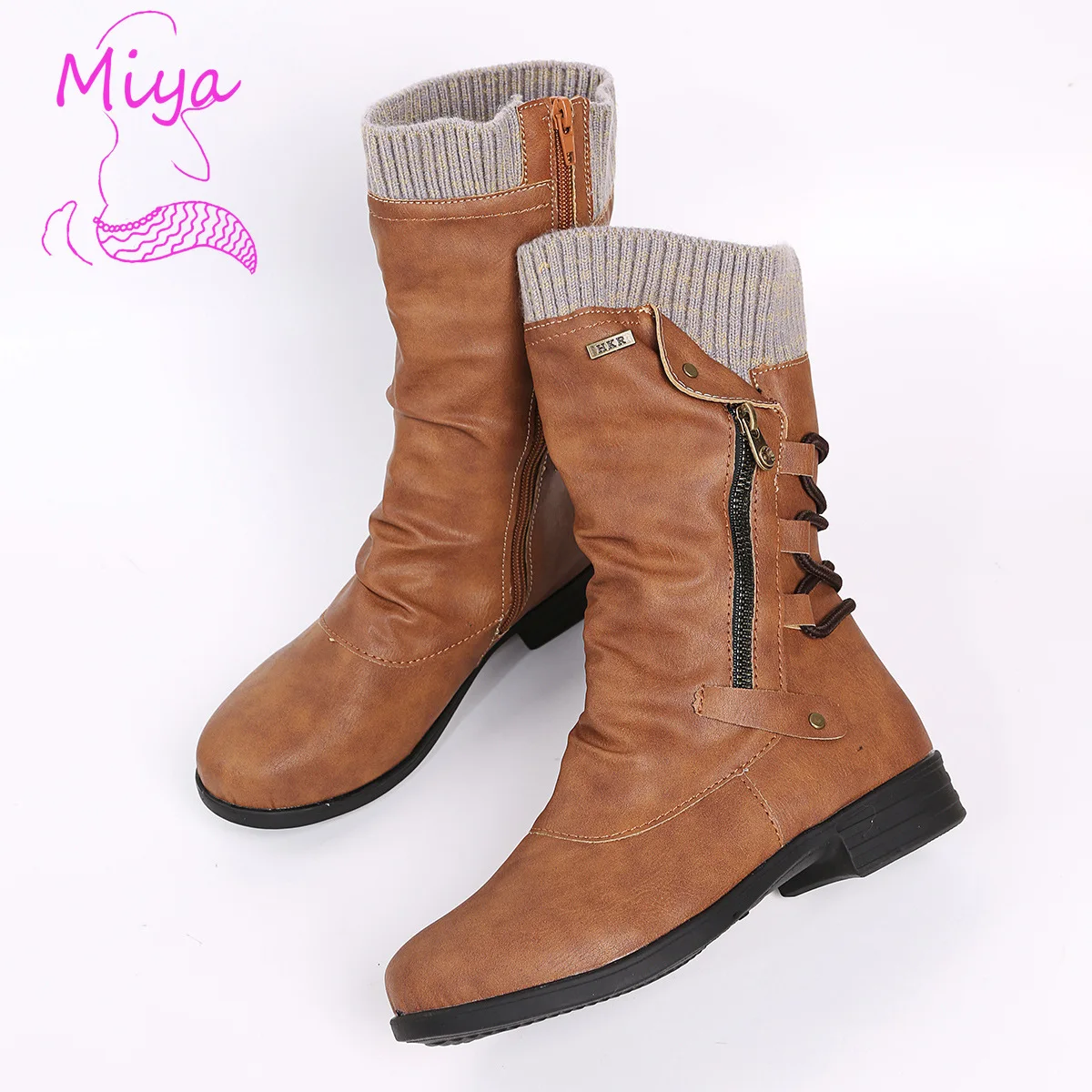 New Fall Winter Flat Sole Smooth Pleated Leather Mid-calf Boots with Knitted Tube Side Zipper Middle Length Boots for Women