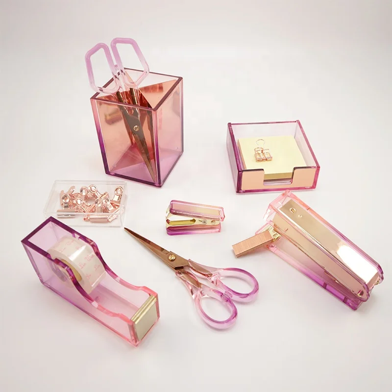 JSM Gift Box Set 6In1 Custom Acrylic Stapler Tape Dispenser Pen Holder Scissor Memo Box For School Student