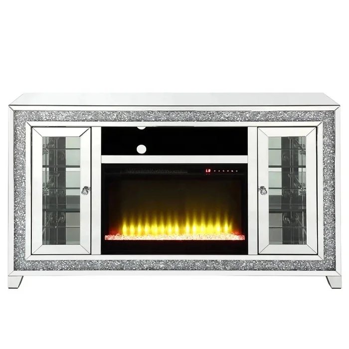 Wholesale faux crystal glam mirrored glass TV stand console fireplace with shelf for sale