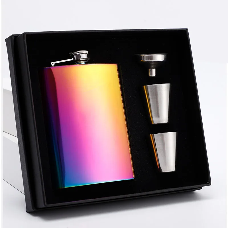 Wholesale 6oz rainbow gradient wine jug whisky wine pot shot glass portable outdoor metal hip flask gift set