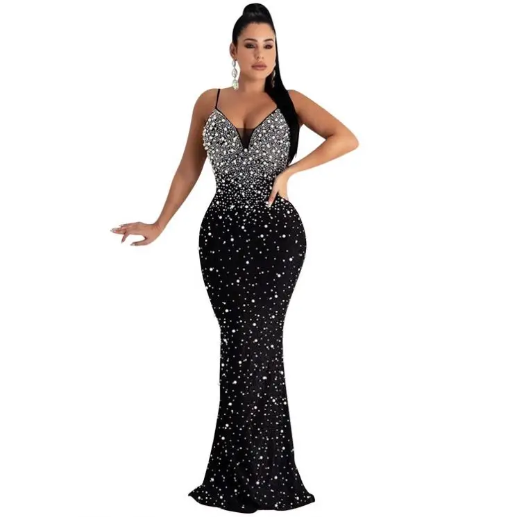 Summer New Fashion Sling Dress Sexy Rhinestone Beaded Sleeveless Backless Long Ladies Dress