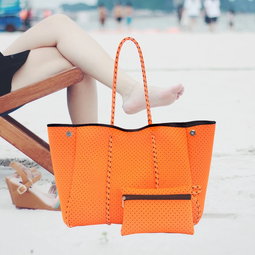 2024 Hot Selling Travel Summer Large Neoprene Beach Tote with Phone Wallet Set Perforated Women Beach Bag Neoprene Tote Bag