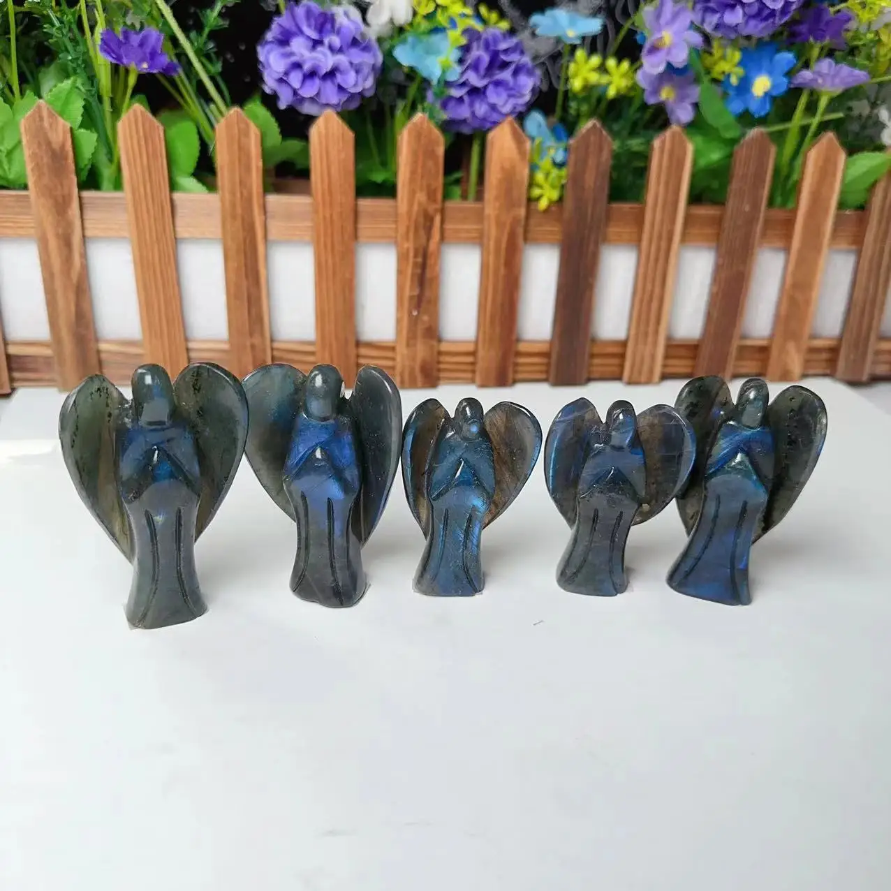 Flashy Crystal Angel Carving Natural Hand Carved Labradorite Crystal Craft Angel Figurine