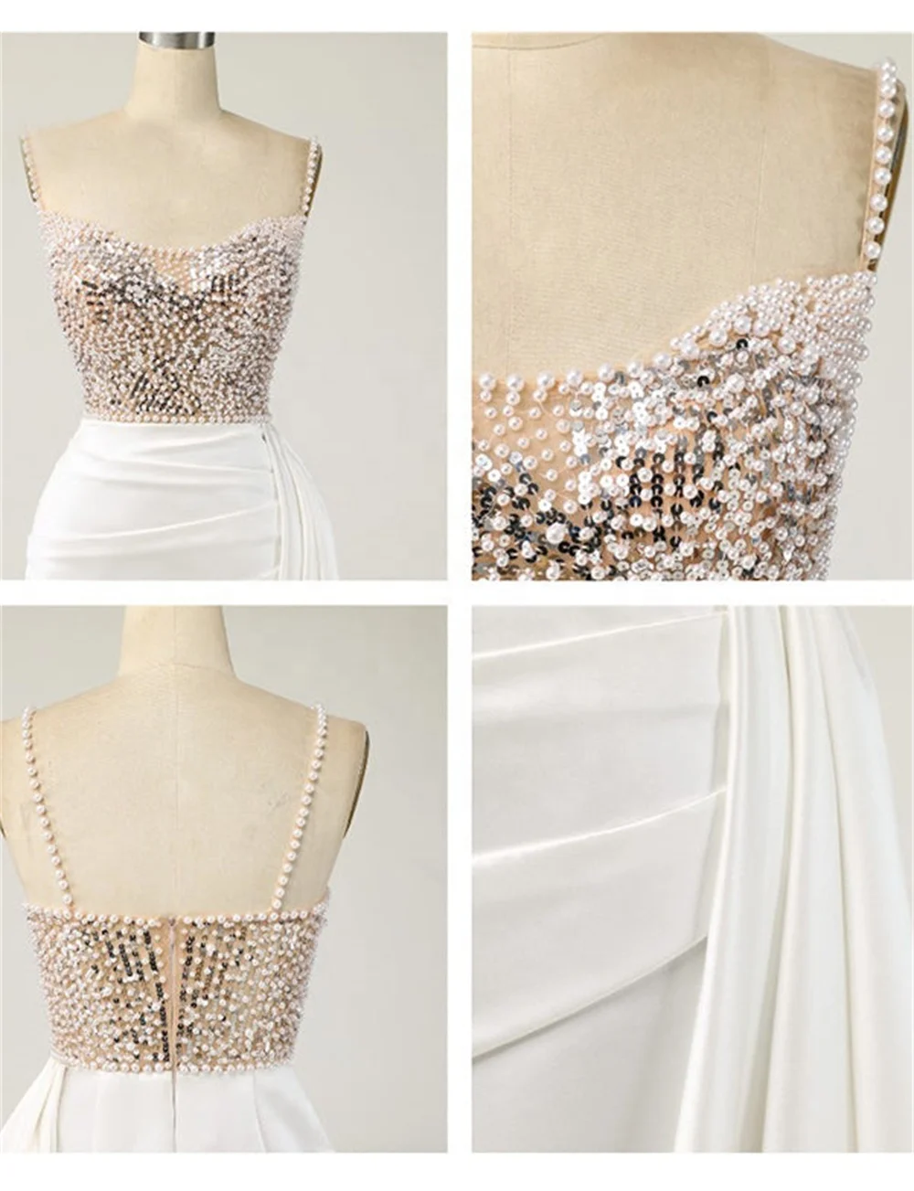 2023 Luxury Pearls Spaghetti Evening Dress Beading Sequins Ruched Prom Gowns Satin Sweep Train Mermaid Wedding Bridal Dress