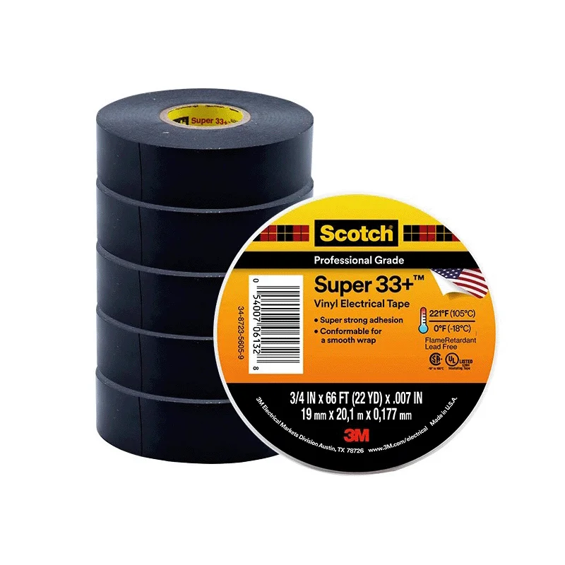 Vinyl Electrical Tape 3M Super 33+ Flame Retardant Professional Grade PVC Rubber Insulation 33 Black #33 for Wires