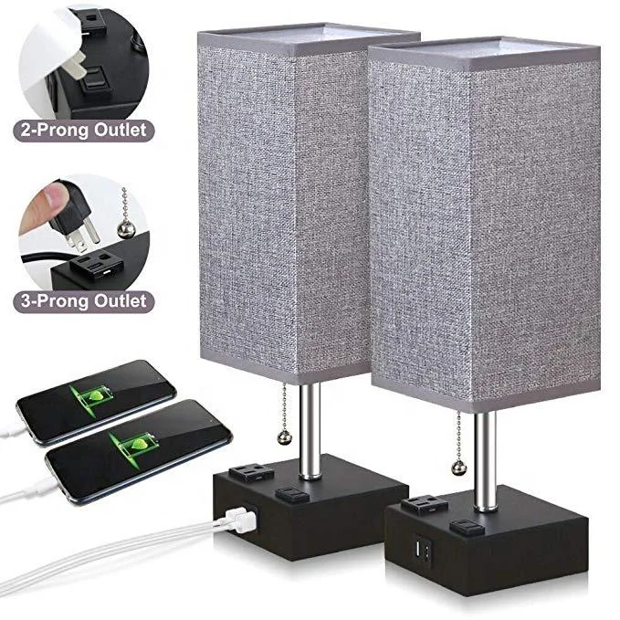 Gray fabric shade Nightstand lamp with USB charging port for bedroom