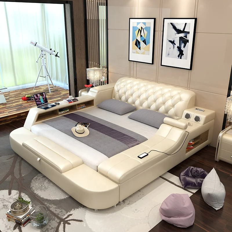 
With Music Massage Bedroom Furniture Multifunctional Storage King Bed Genuine Leather Modern Beds 