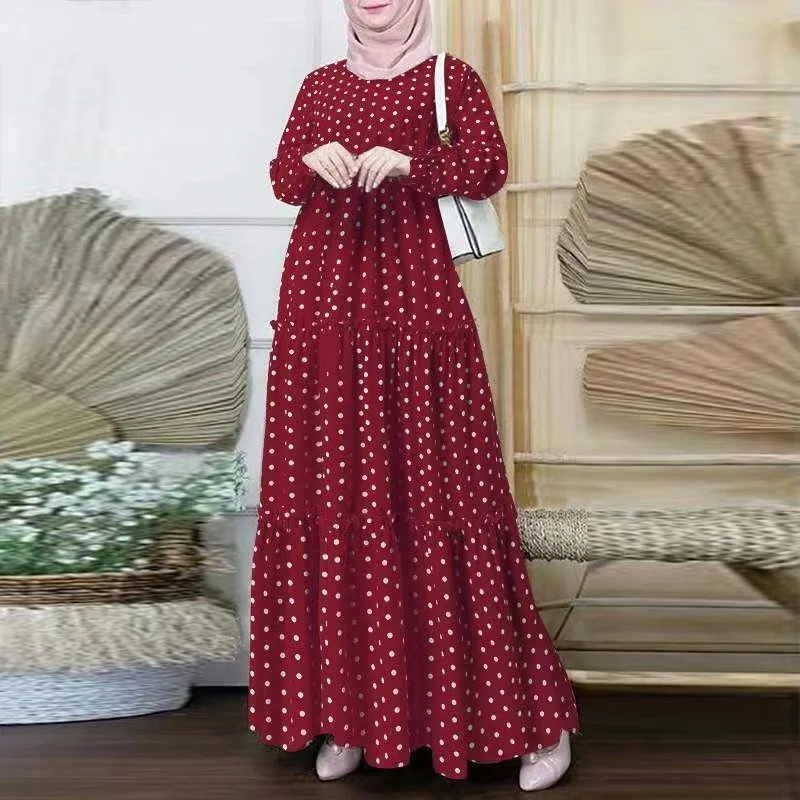 Malaysia Dubai Ramadan Party Ruffle Polka Dot Print Muslim Maxi Dress Casual Robe Islamic clothing dresses