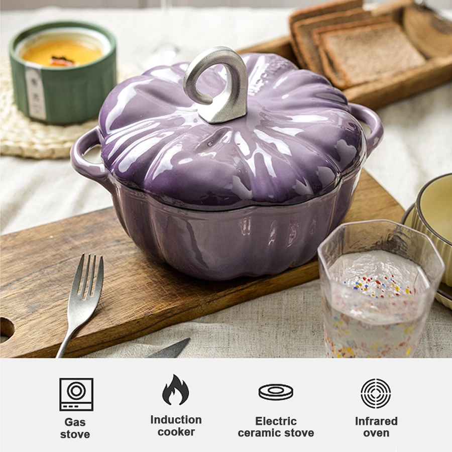 16/20/25cm Double Handle Beautiful Pumpkin Cast Iron Stockpot Nonstick Enameled Stewed Soup Pot With Lid