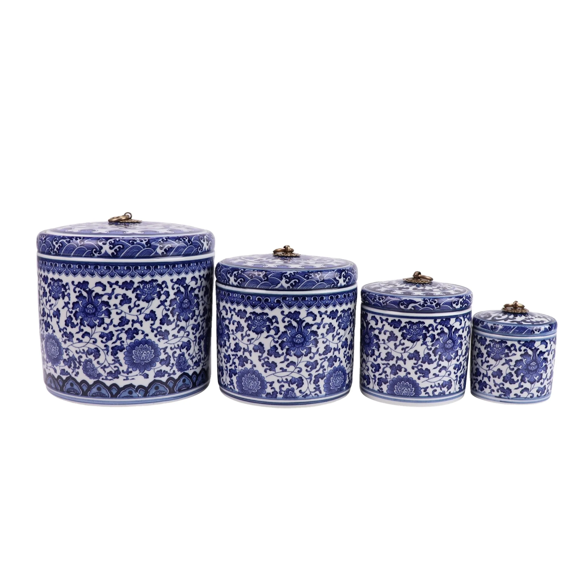 RZNV50-A-S-M-L-XL  Jingdezhen blue and white flower pattern with copper ring Food safe porcelain tea pot canister Cookie Jar