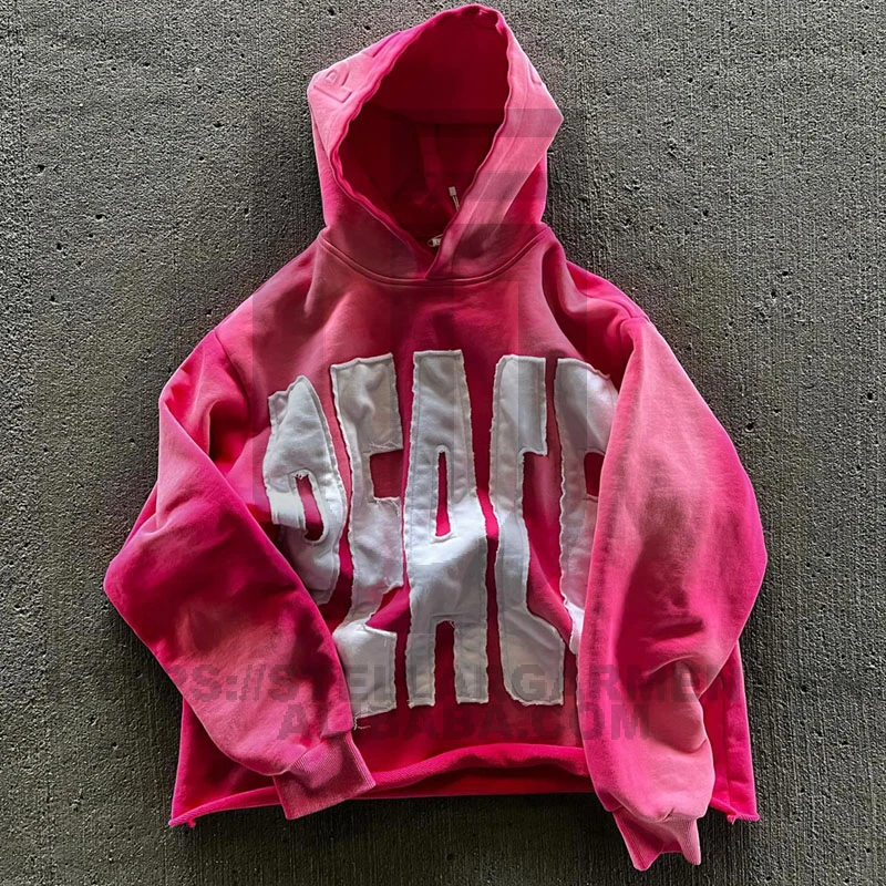 Cropped Raw Hem Hoodie Custom French Terry Patch Embroidered Distressed Applique Acid Wash Embossed Hoodie Men