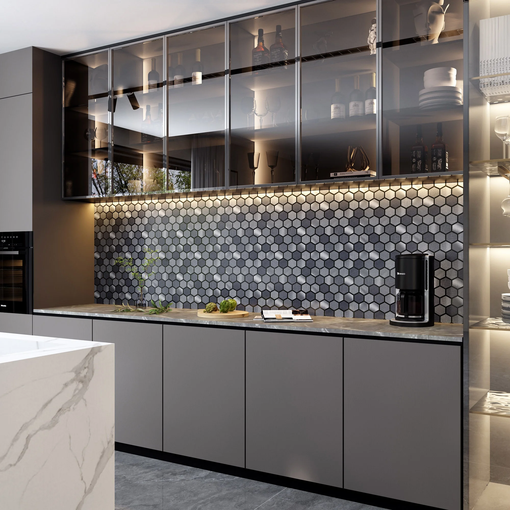 Ready to ship grays hexagon mosaic inlayed with mirror aluminium strips self adhesive kitchen tile