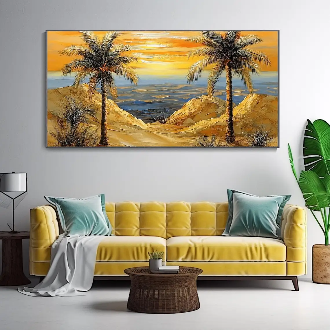 SQ Coconut Tree Island Knife Oil Painting Large Sunrise Clouds Canvas Wall Art Blue Sea Beach Vacation Modern Home Decor Gift