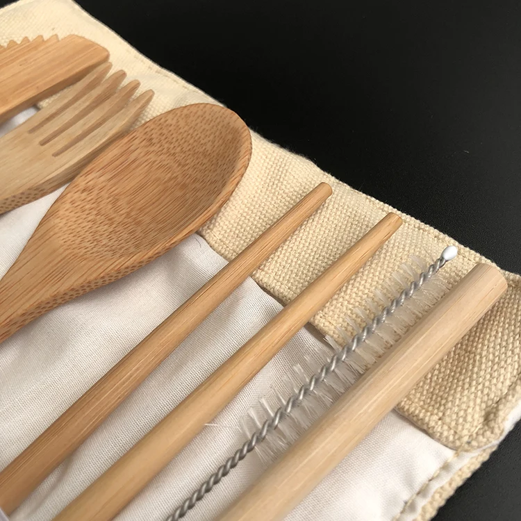 Bamboo Straw Toothbrush Spoon Fork Knife Travel Travel Utensils Wooden Disposable Bamboo Cutlery Set with Cotton Pouch